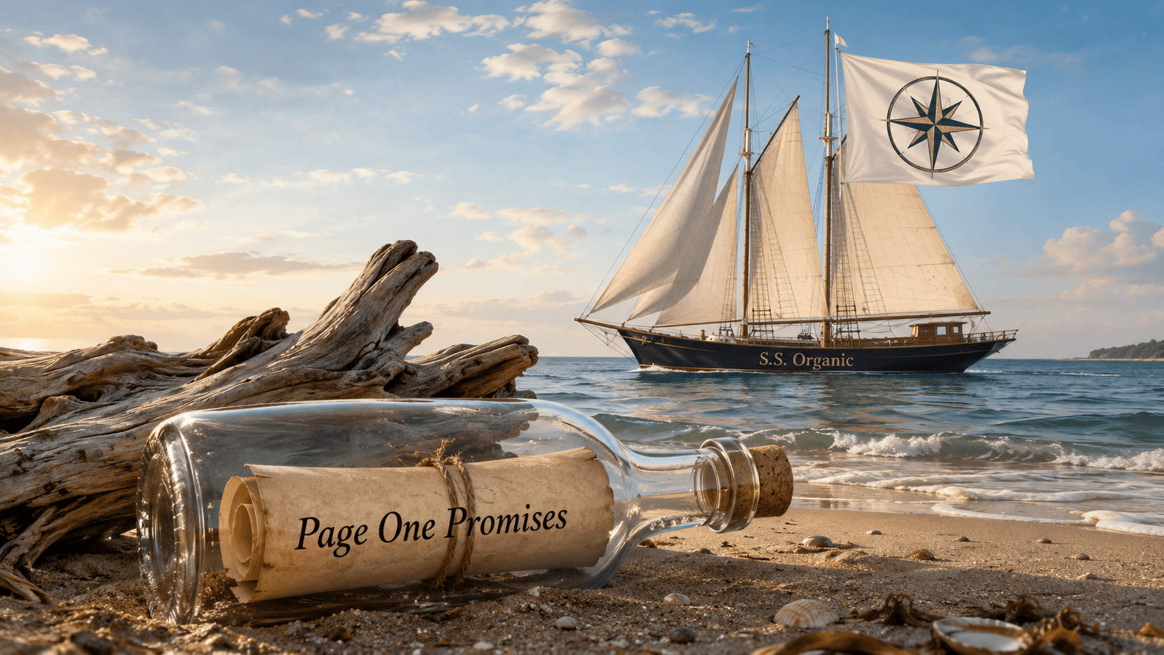 message in a bottle and ship with compass on flag