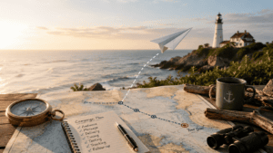 Paper airplane flying above a nautical chart with a compass, campaign checklist, lighthouse, and route leading toward a marked goal.
